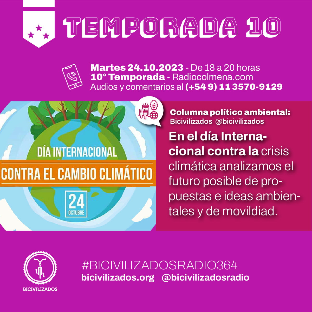 En la columna de bicivilizados de este martes Adrián trajo el día mundial contra el cambio climático con un repaso de los pilares fundamentales para entender la problemática de la gravedad de la situación ambiental en la que está el planeta. Con Leo hicimos a partir de esto, un análisis del fututo e ideas sobre los candidatos en la Argentina y la Ciudad De Buenos Aires. No te pierdas el video en Youtube que se ven los video.